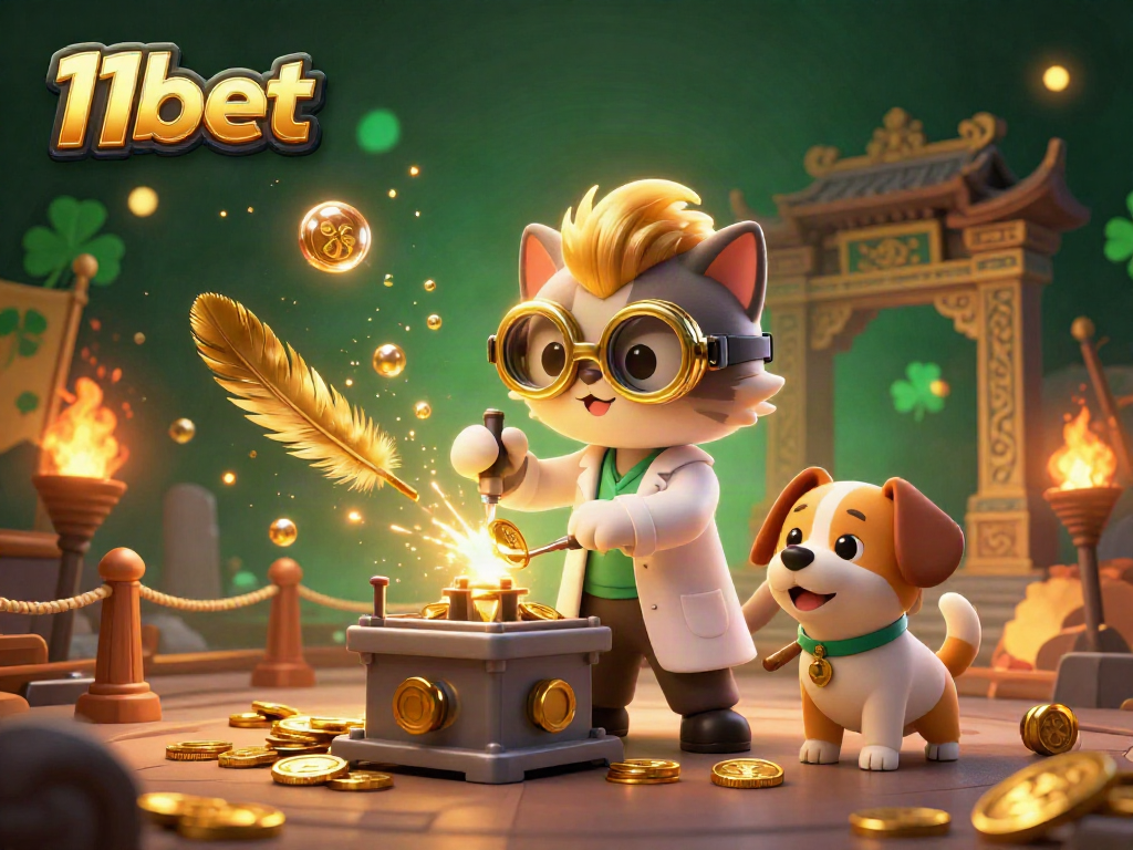 Engage in thrilling betting opportunities with 11bet featuring a whimsical mad scientist cat and dog in a vibrant casino lab.