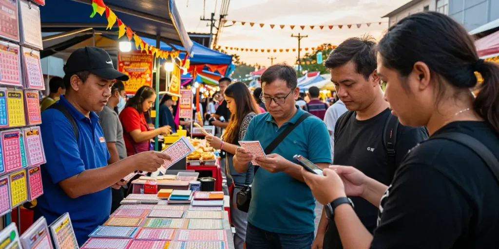 Engaged crowd in a vibrant market scene around togel 4d lottery tickets.