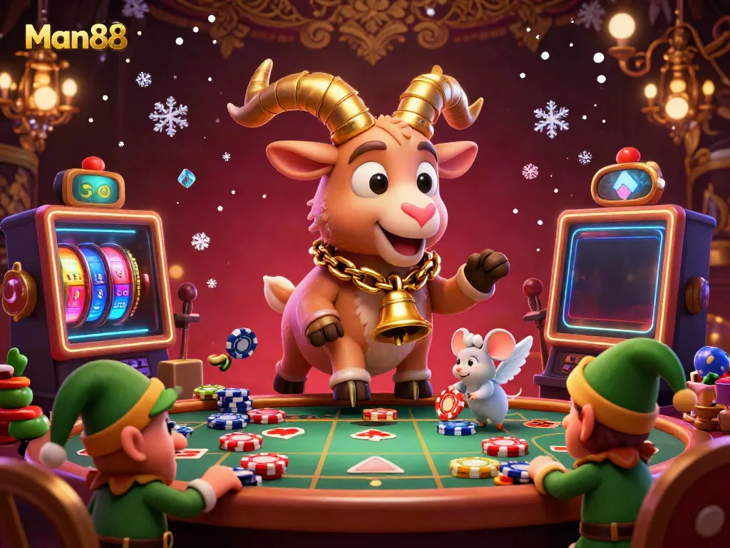 Experience the festive chaos of Man88 with elves and Krampus in a lively casino setting.