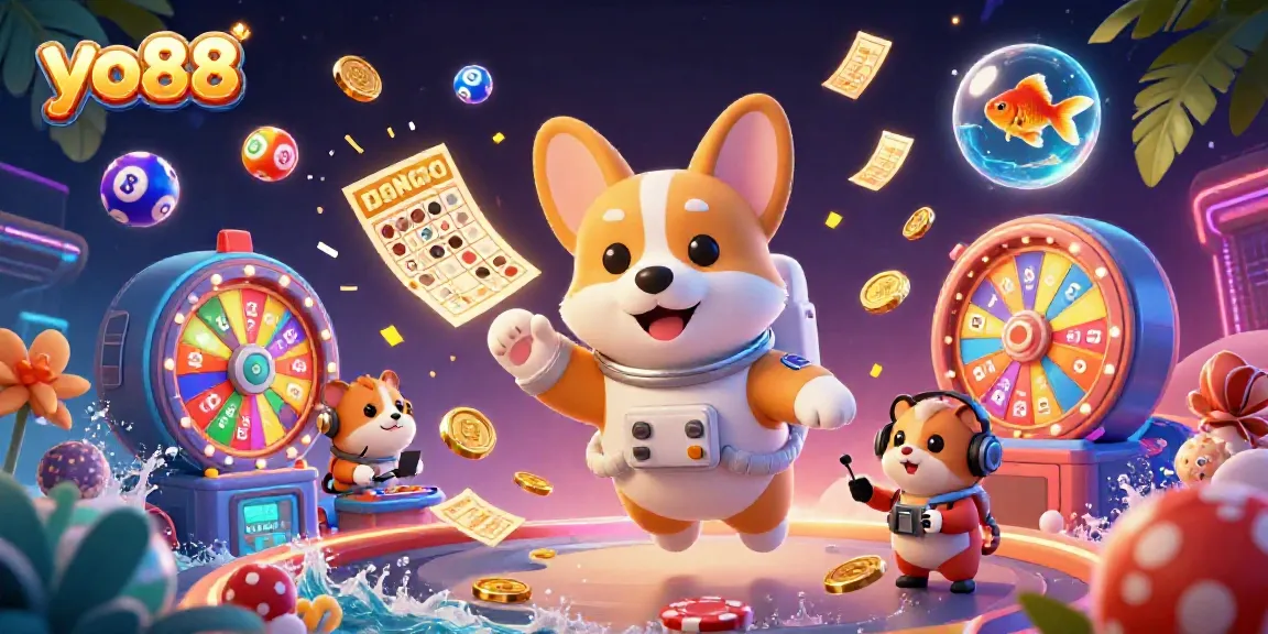 Experience thrilling moments with yo88 in a vibrant casino space, where an astronaut corgi plays among floating prizes.