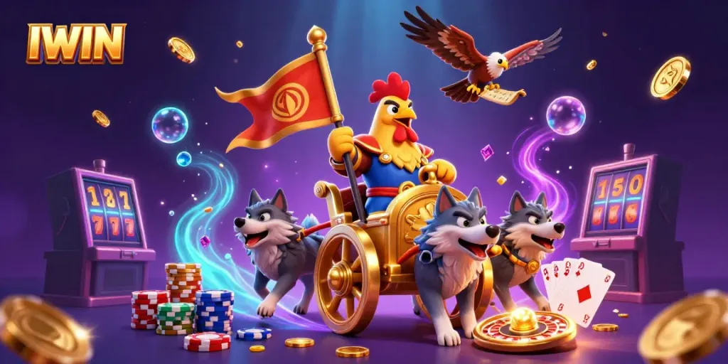 IWIN showcases an exciting 3D casino scene featuring a rooster warlord and gold coins cascading in dynamic play.