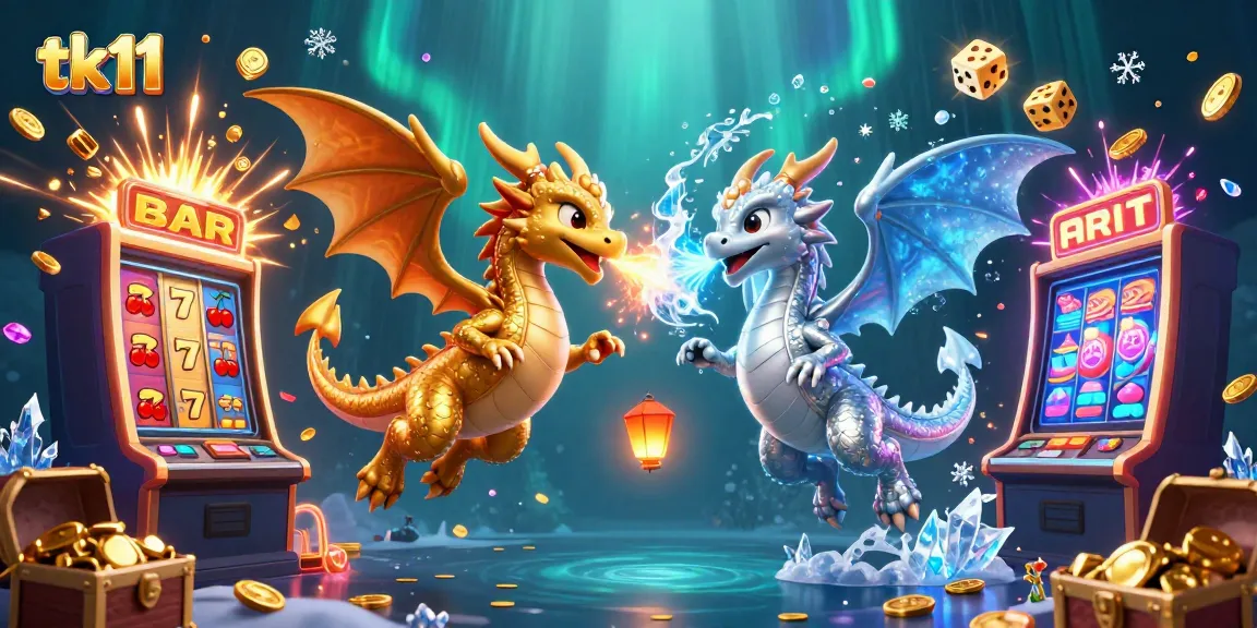 Experience the thrilling tk11 action with gold and silver dragons battling amidst a dazzling casino scene.