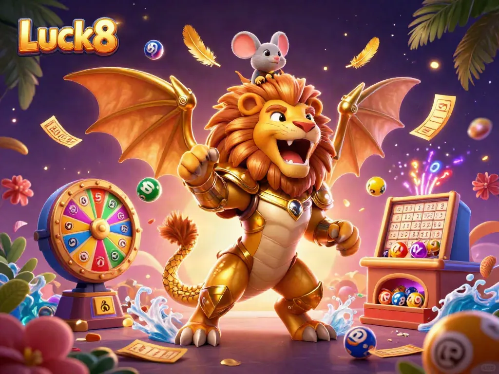 Experience Luck8's thrilling games with a vibrant chimera creature amidst colorful game elements in this immersive casino illustration.