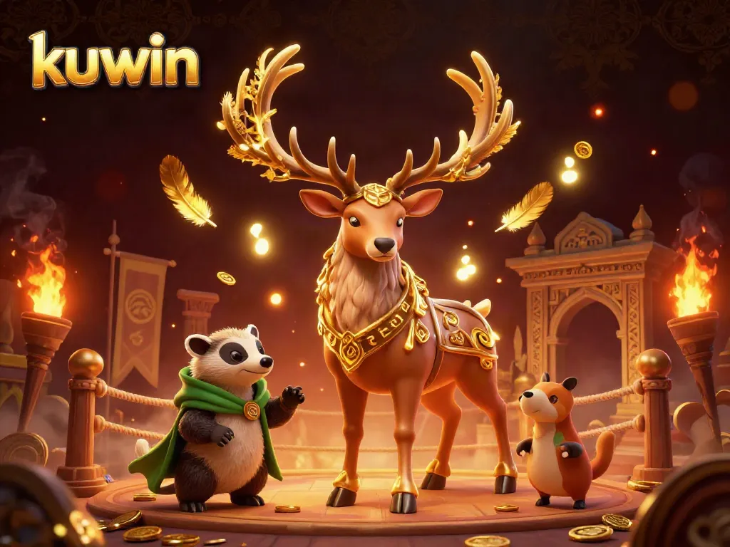 Kuwin's vibrant 3D illustration showcases a druid stag and badger amidst casino elements, capturing the thrill of gambling.