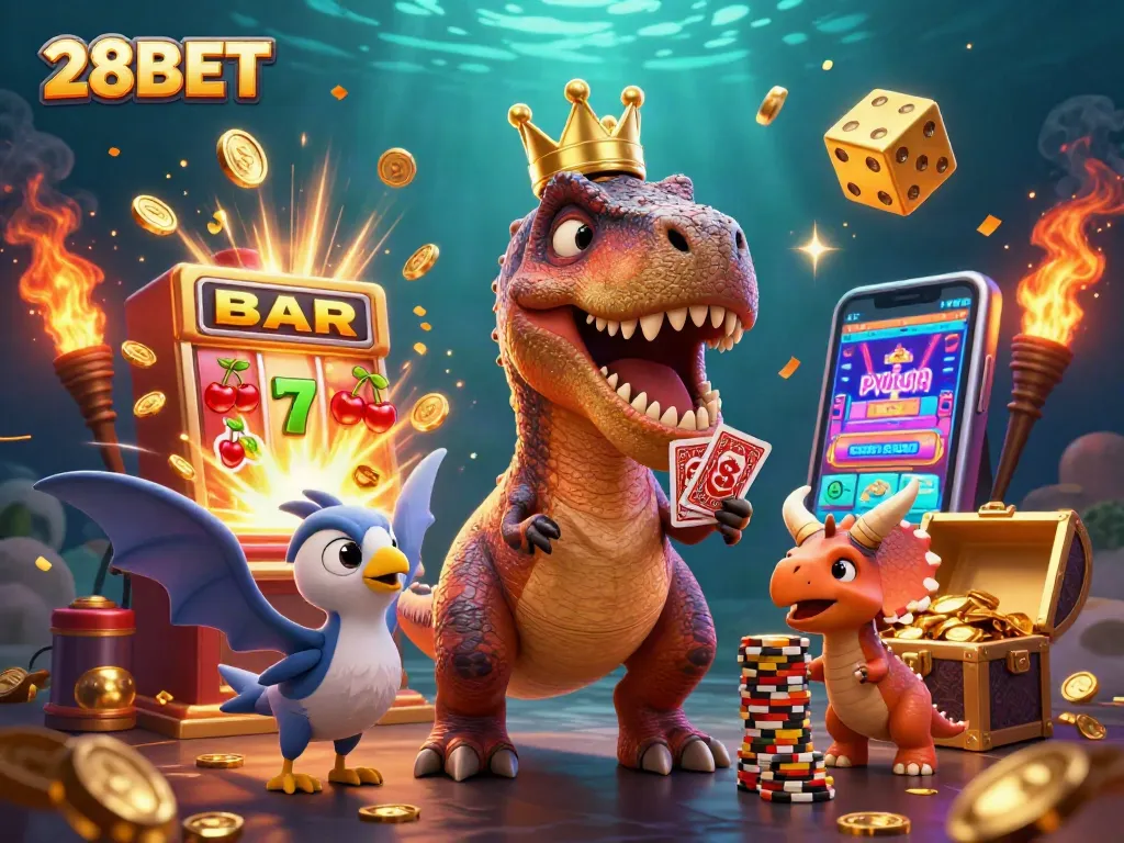 Experience casino excitement with 28BET’s lively dinosaur-themed gambling adventure.