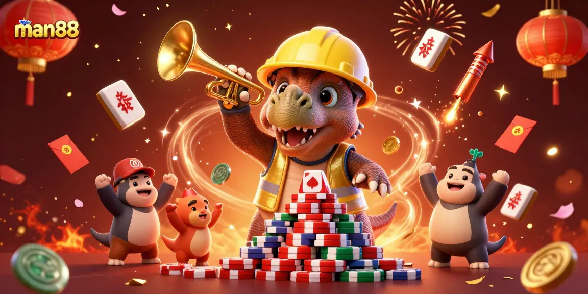 Join the celebration with man88's vibrant casino gaming scene featuring animated characters and festive elements.