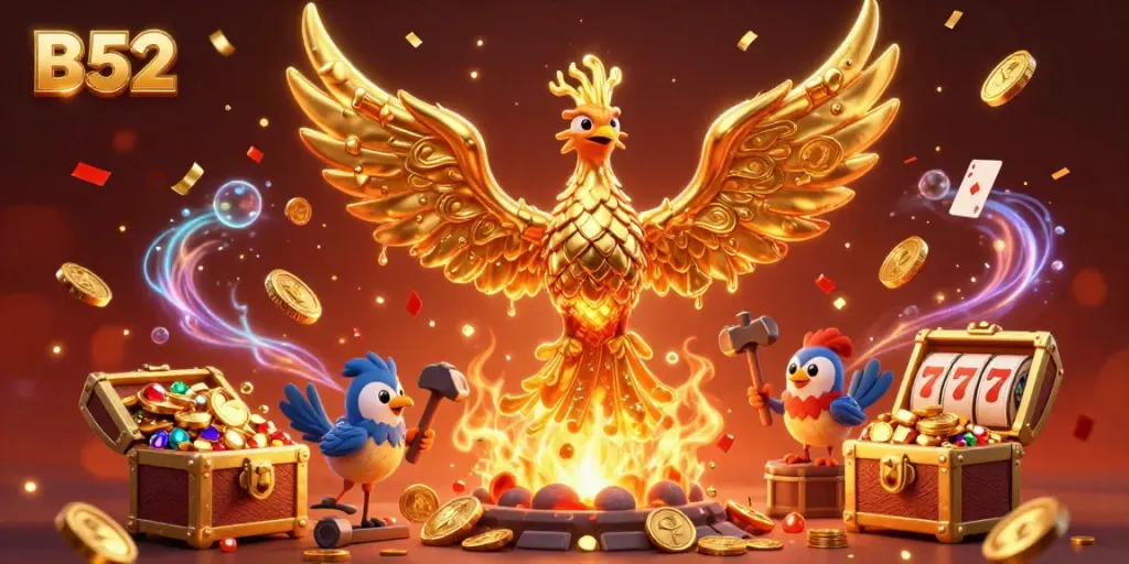 Engage with the thrill of B52 gaming featuring a molten golden phoenix emerging amidst excitement and treasure.