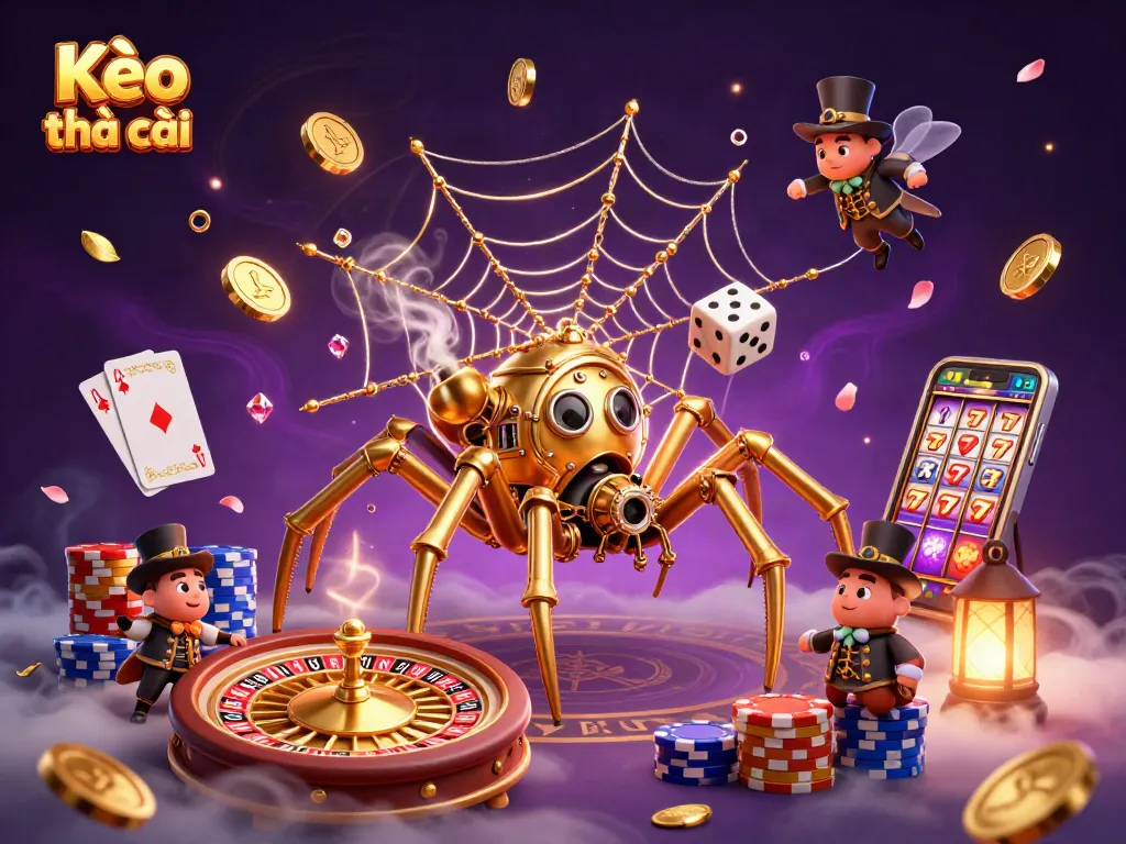 Bet on Kèo nhà cái while a steampunk spider catches dice in a web of riches.