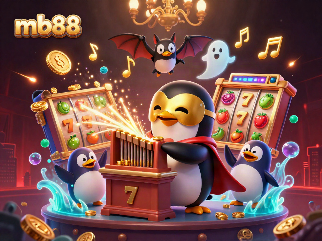 Play exciting slots with mb88 as a 3D penguin plays an organ, launching coins and jackpots.