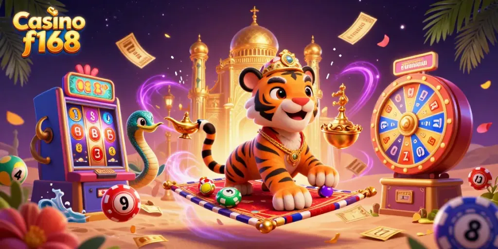 Engage with Casino f168 as a tiger sultan rides a poker chip carpet amidst vibrant gaming elements.
