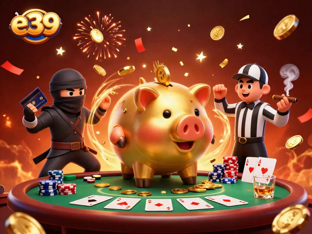 Dynamic scene of e39 characters engaging in a lively poker match, celebrating with golden coins.