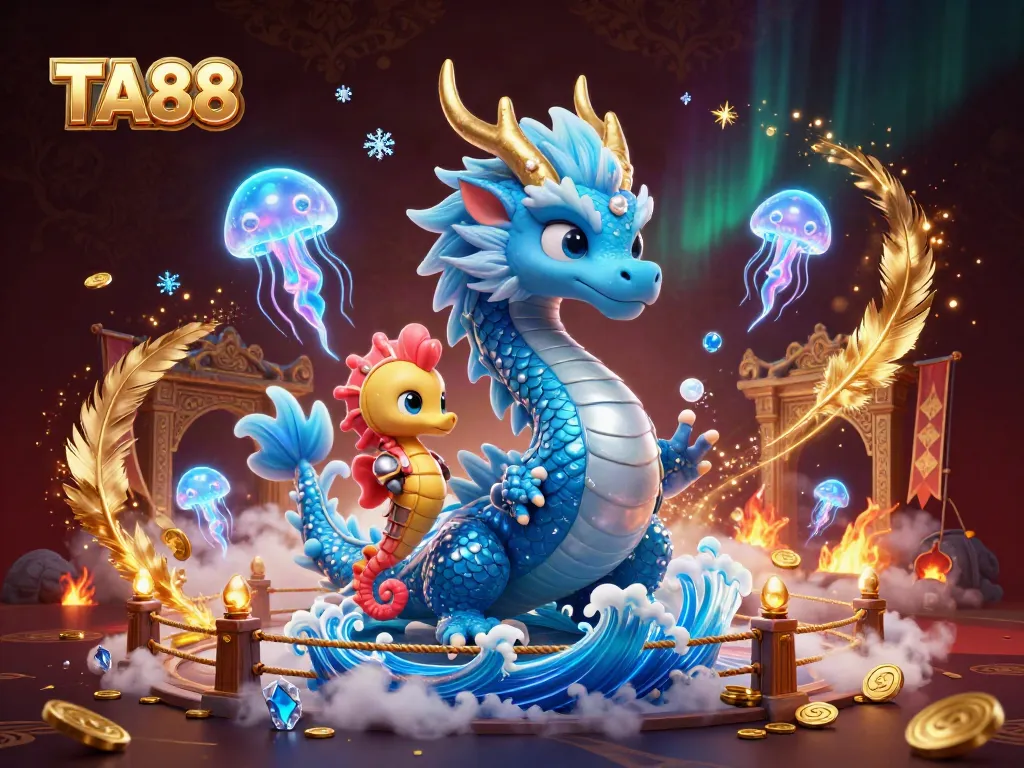 Engage in thrilling sports betting action with TA88's dynamic 3D illustration featuring a dragon and seahorse knight.