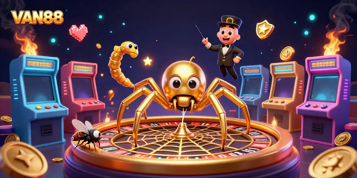 Experience the excitement of VAN88 with a lively scene showcasing a golden spider and a centipede croupier.