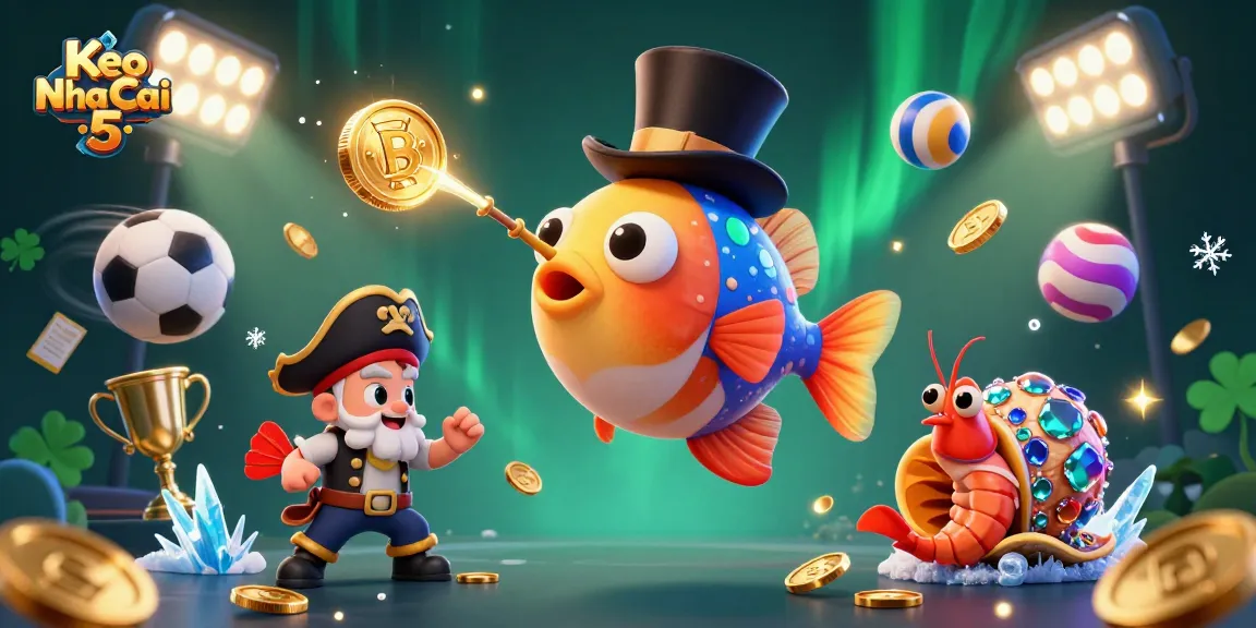 Engage with Keo Nha Cai 5 through an exhilarating underwater scene featuring playful characters and vibrant sports elements.