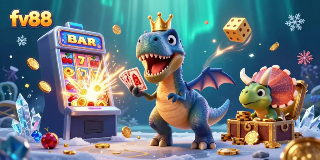 Enjoy the vibrant thrills of fv88 with a T-Rex shuffling cards and riches exploding around in an animated casino scene.