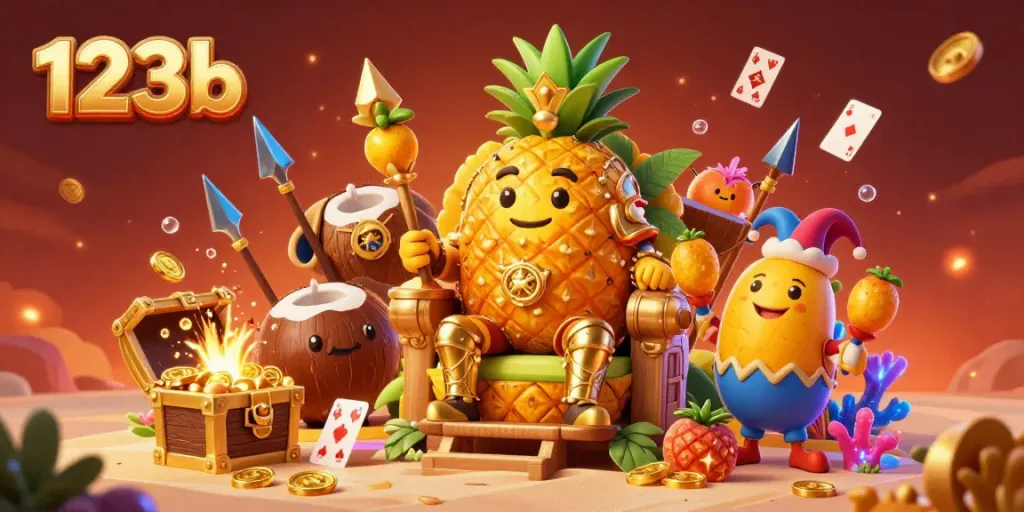 Engage with the thrilling world of 123b with a vibrant illustration featuring a pineapple king and casino elements.
