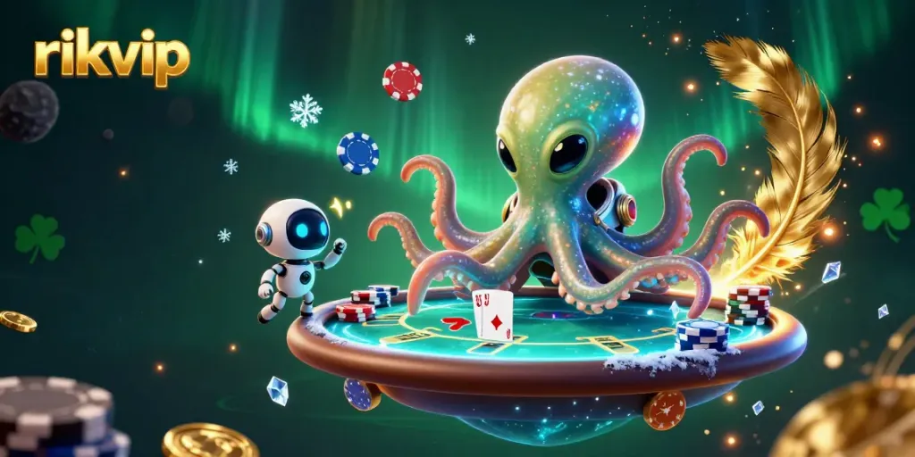Experience thrilling poker action with rikvip's alien octopus dealer and floating holographic table.