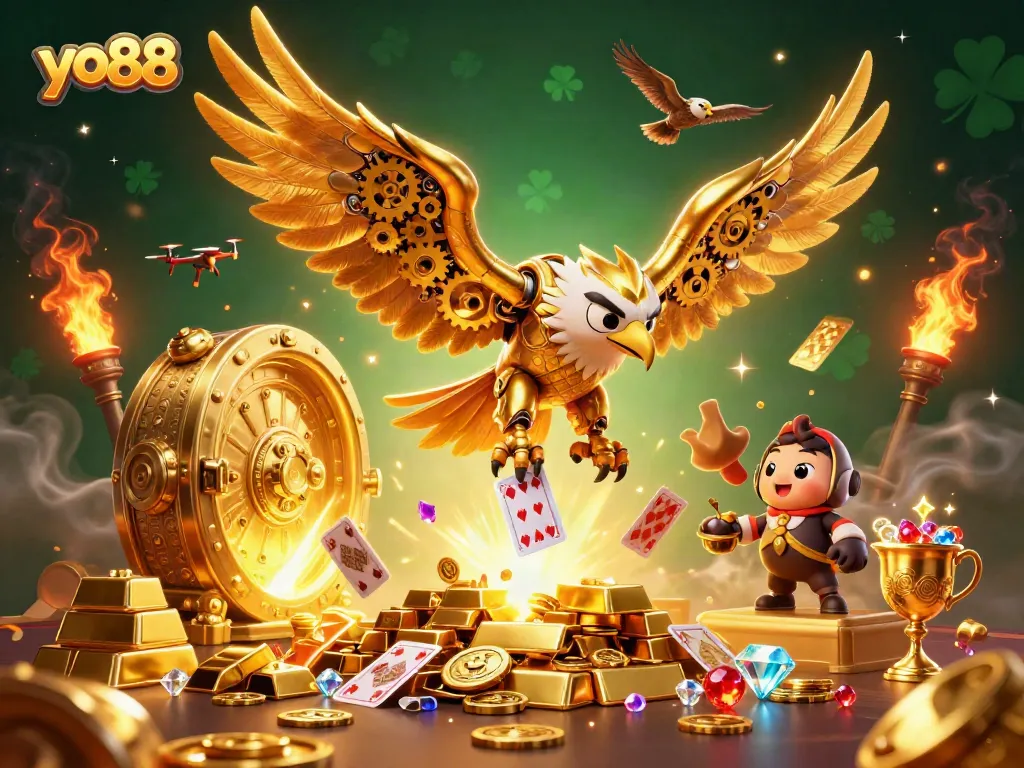 Experience thrilling gameplay with yo88, featuring a golden eagle and holographic cards in a vibrant casino scene.