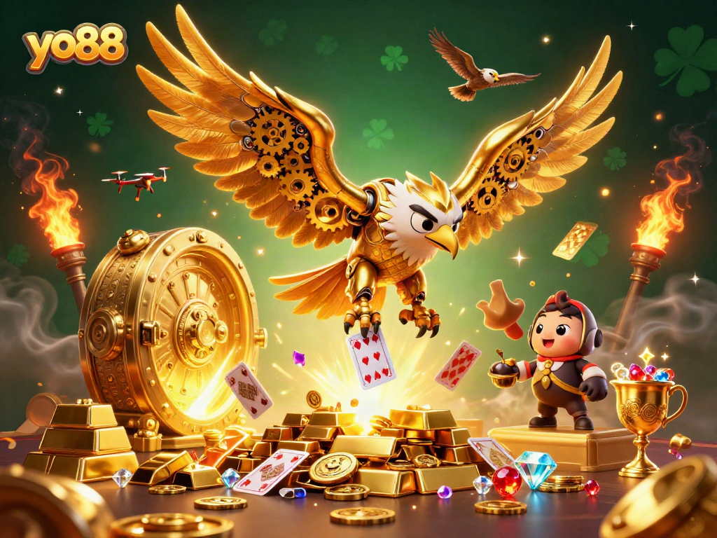 Experience thrilling gameplay with yo88, featuring a golden eagle and holographic cards in a vibrant casino scene.