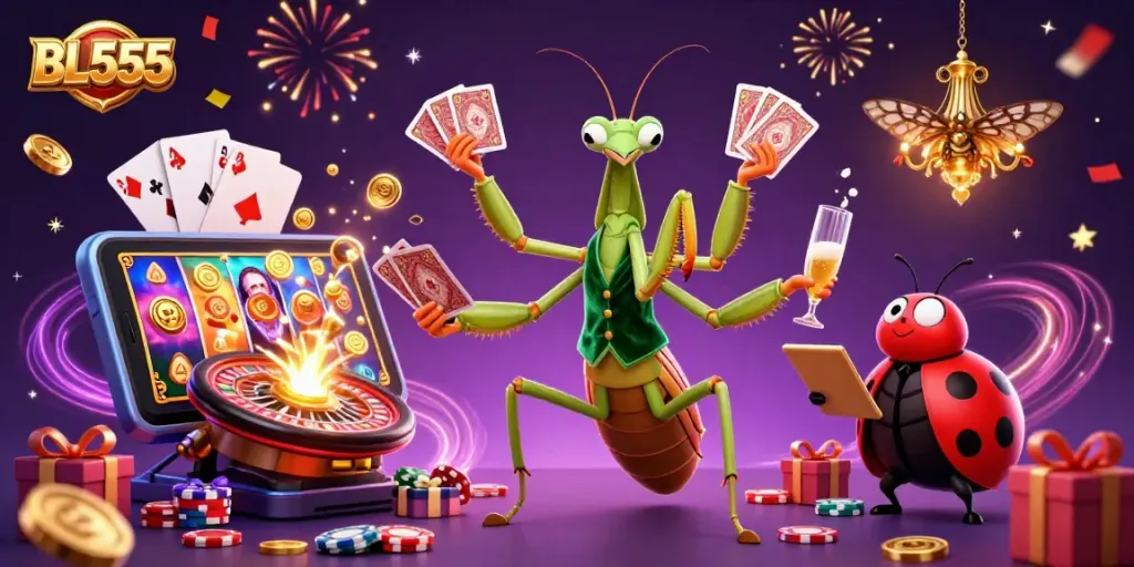 BL555 showcases an exciting casino atmosphere with characters engaging in card games and slot machines.