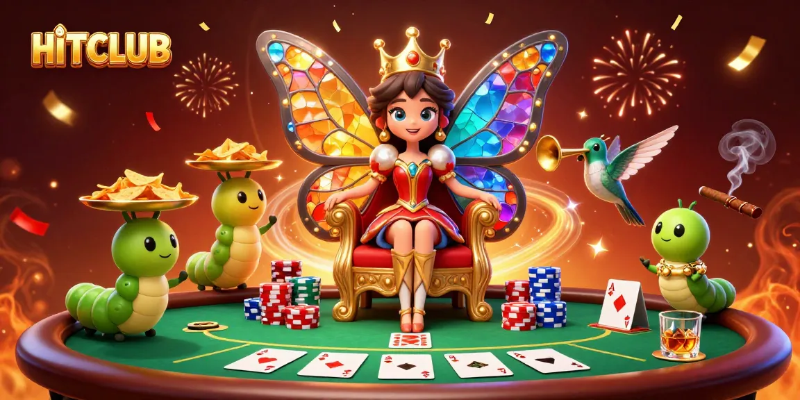 Engage with HITCLUB's vibrant casino scene showcasing a butterfly queen amidst poker elements.