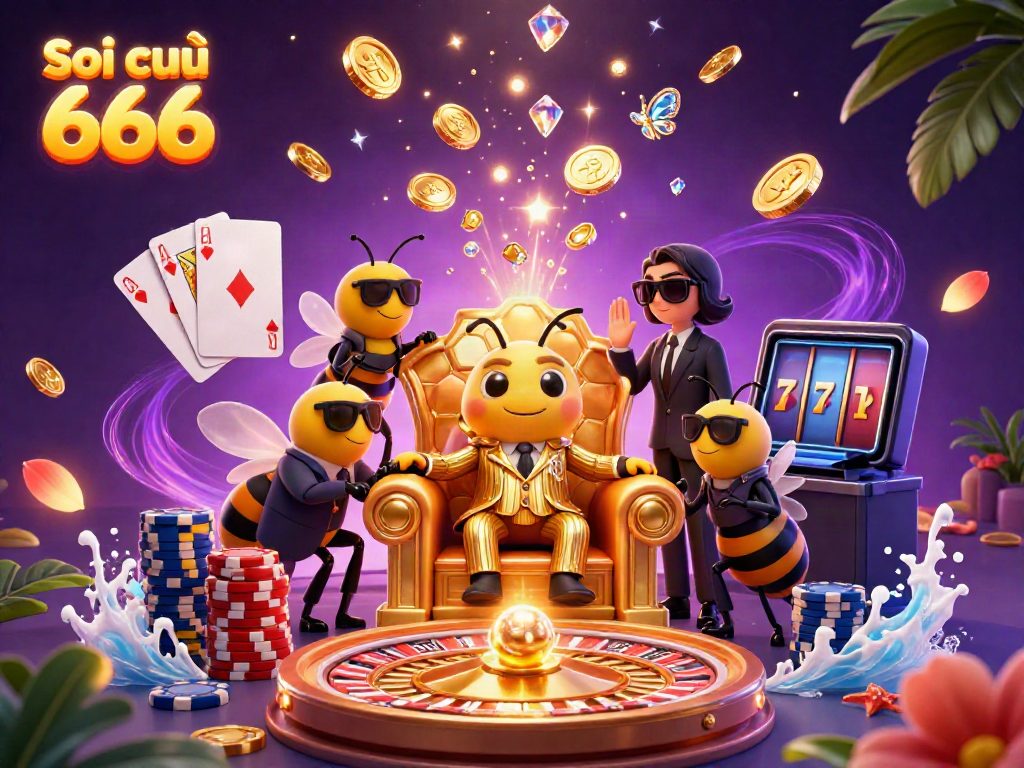 Soi cầu 666 features a dynamic scene with characters in a casino setting, surrounded by gambling elements.