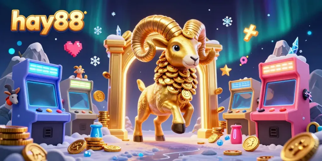 Experience the excitement at hay88 with a golden ram charging through a vibrant casino-themed scene.