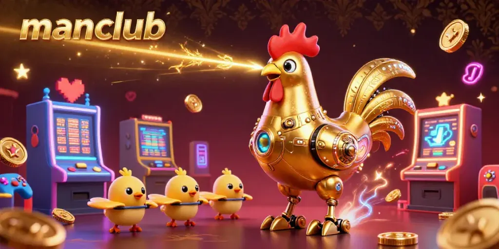 Engage with the thrilling action of manclub's casino games featuring a golden rooster robot amidst vibrant slot machines and gaming elements.