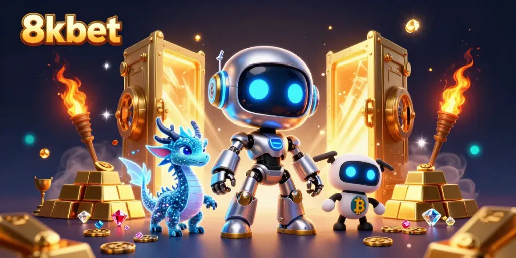 Engage with the thrill of 8xbet's vibrant casino world, showcasing a cyberpunk robot mascot and treasures.