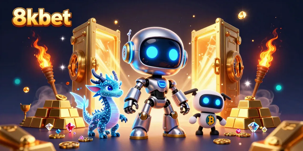 Engage with the thrill of 8xbet's vibrant casino world, showcasing a cyberpunk robot mascot and treasures.