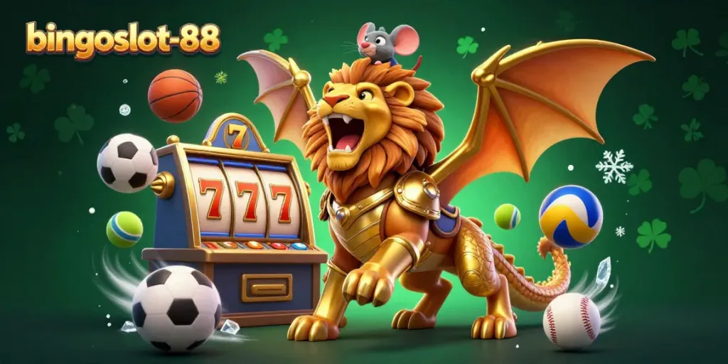 Bermain di bingoslot-88 dengan keseruan simbol slot dan bola olahraga yang menyatu dalam satu ilustrasi.