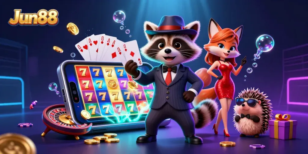 Experience exciting gaming with Jun88's vibrant casino scene featuring a raccoon, fox lady, and a hedgehog.