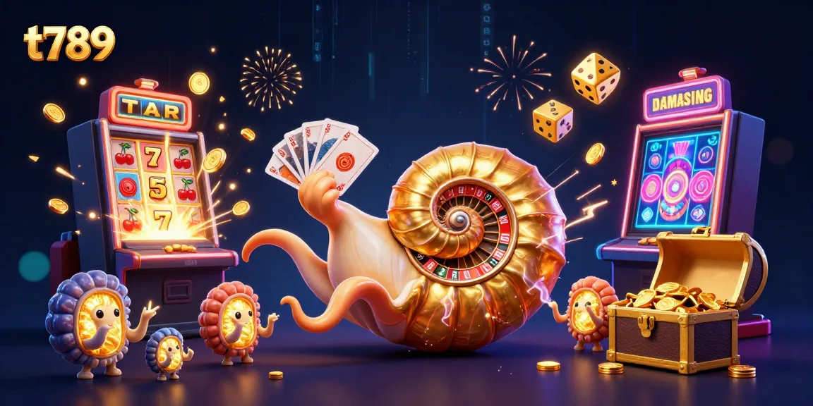 Experience the thrill of t789 with vibrant casino elements and a giant roulette nautilus in this striking illustration.