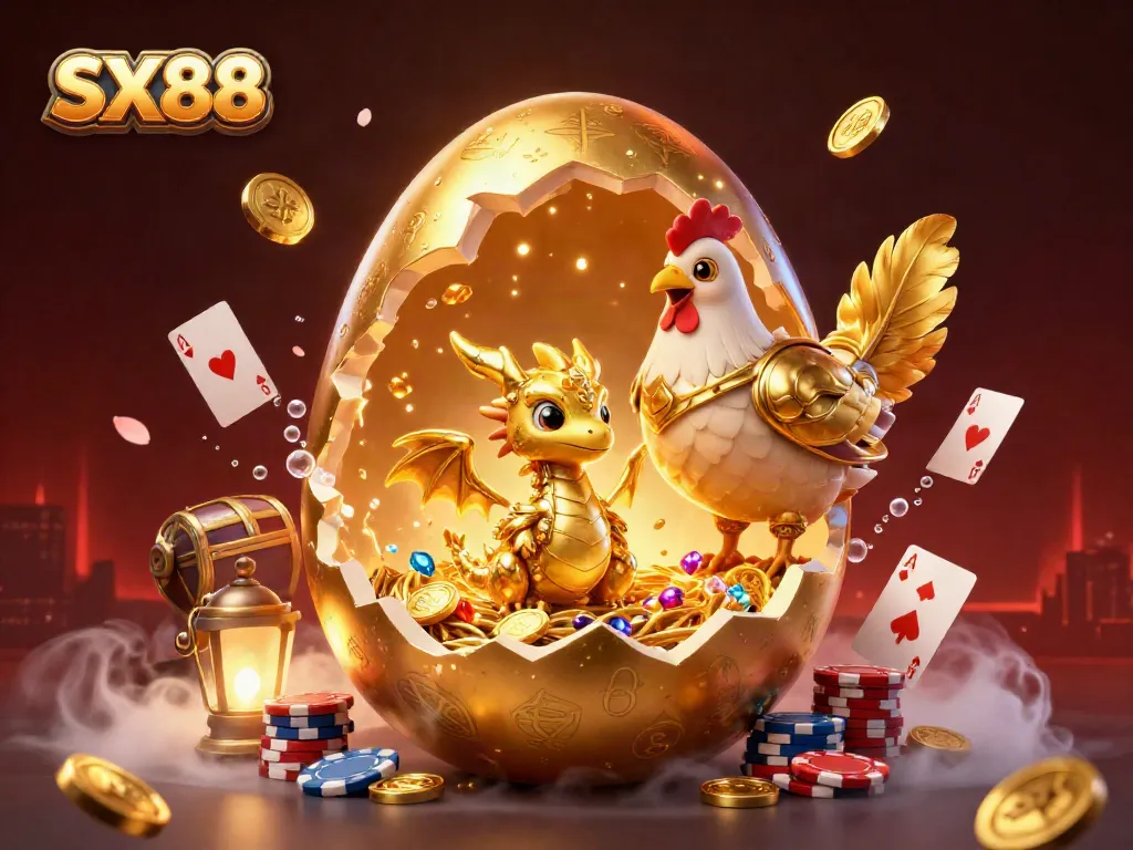 SX88 showcases a golden baby dragon amid poker chips and vibrant gaming elements bursting with excitement.
