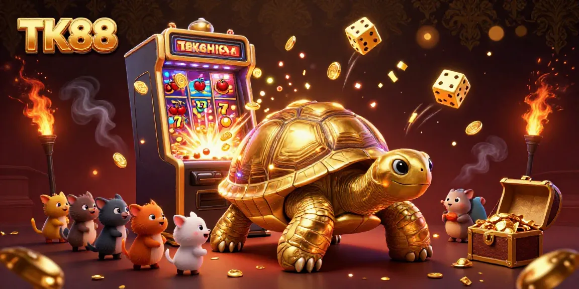 Experience the thrill at TK88 with a dynamic illustration of exciting casino games featuring a colossal golden tortoise.