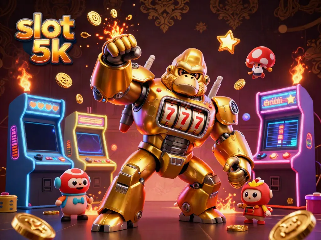 Engage in exciting gameplay with slot 5k featuring a golden gorilla mech and vibrant arcade elements.