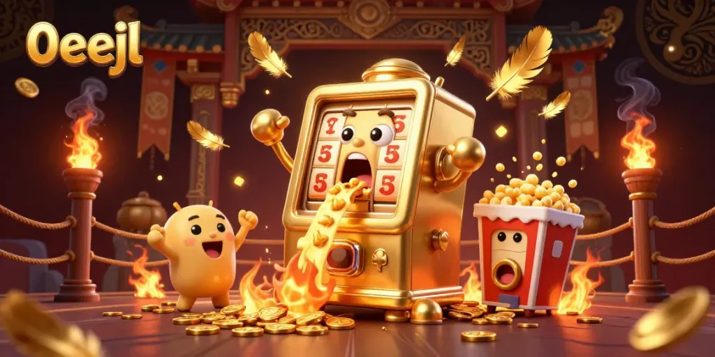 Experience the excitement of 0eejl with a golden slot machine hitting its jackpot in a lively casino scene.