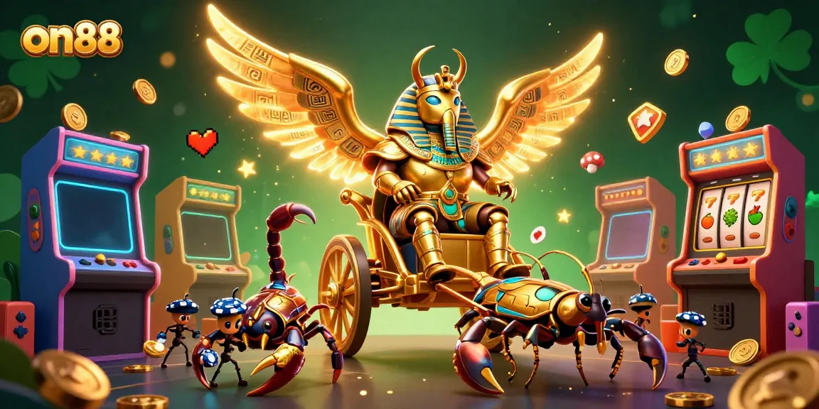 Engaging illustration of on88 featuring a pharaoh-themed character amidst vibrant casino games and riches.