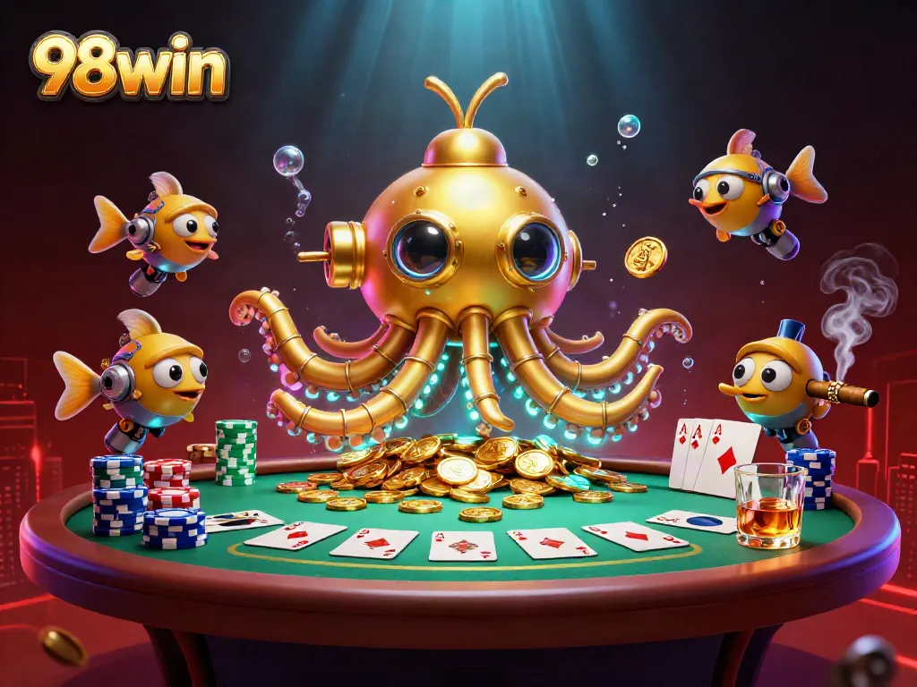 Play poker with 98win's golden kraken submarine emerging from gold coins among poker elements.