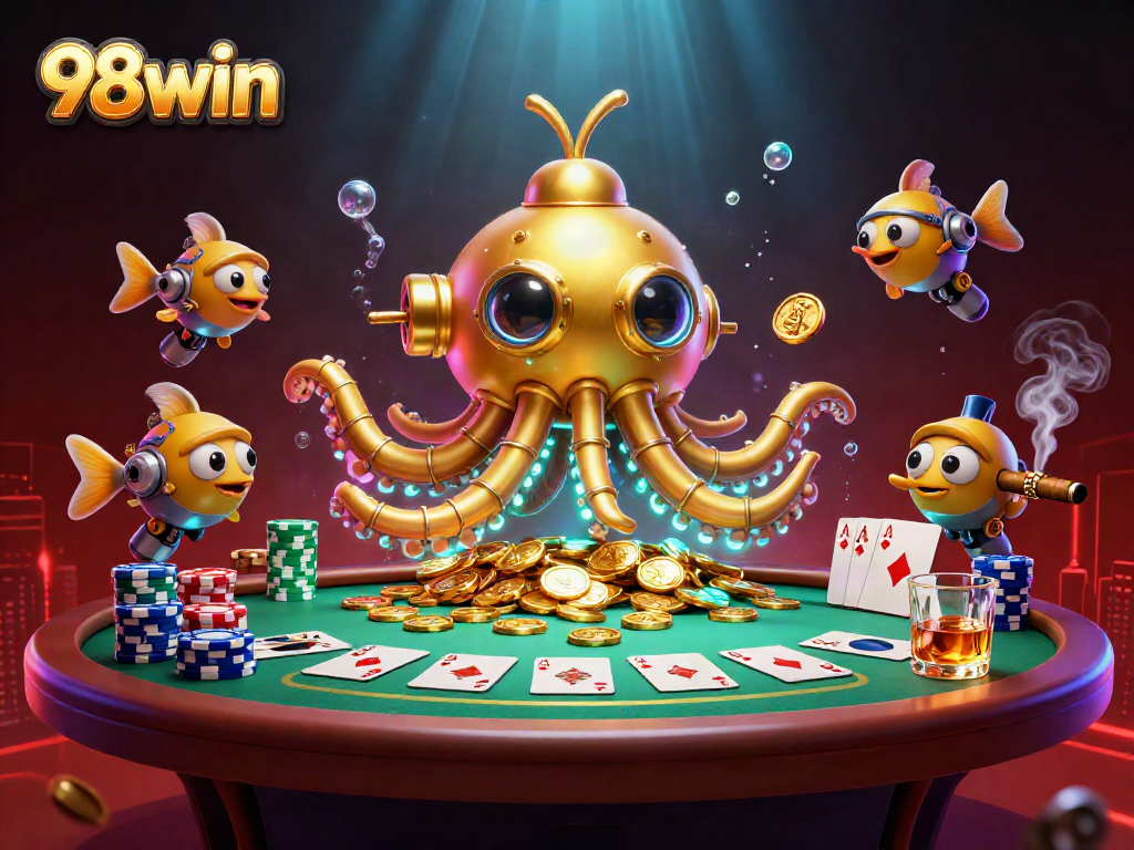 Play poker with 98win's golden kraken submarine emerging from gold coins among poker elements.