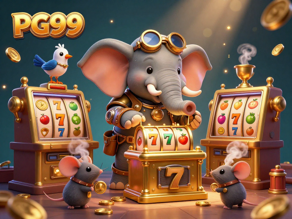 Play with PG99's vibrant slot machines featuring a steampunk elephant and thrilling gaming elements.
