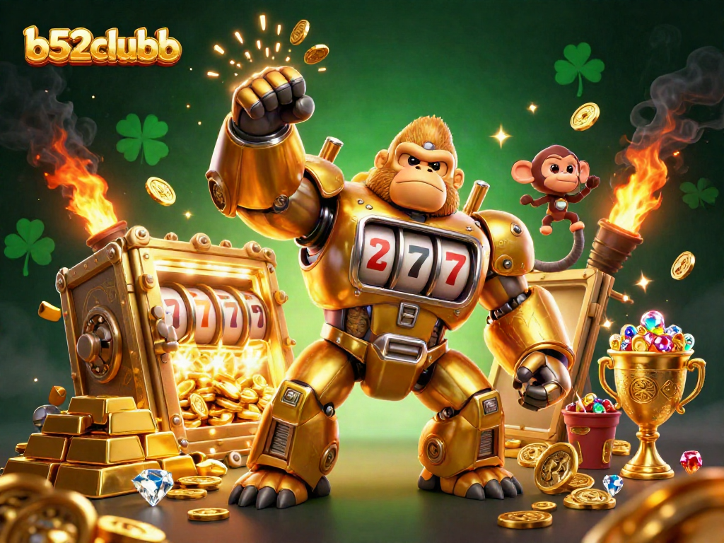 Spin winning reels with b52clubb's gorilla mech, showcasing jackpot glory and thrilling casino treasures.
