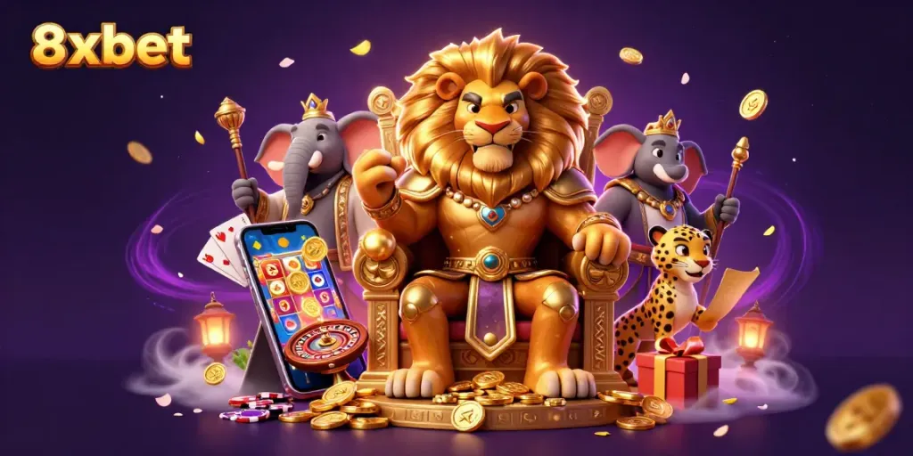 Experience thrilling games and rewards with 8xbet's dynamic illustration of a majestic lion king.