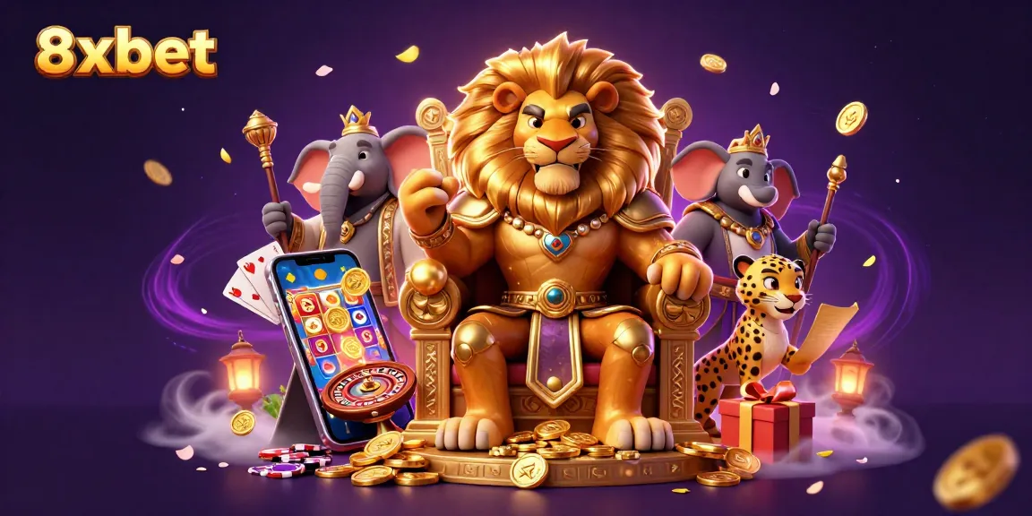 Experience thrilling games and rewards with 8xbet's dynamic illustration of a majestic lion king.