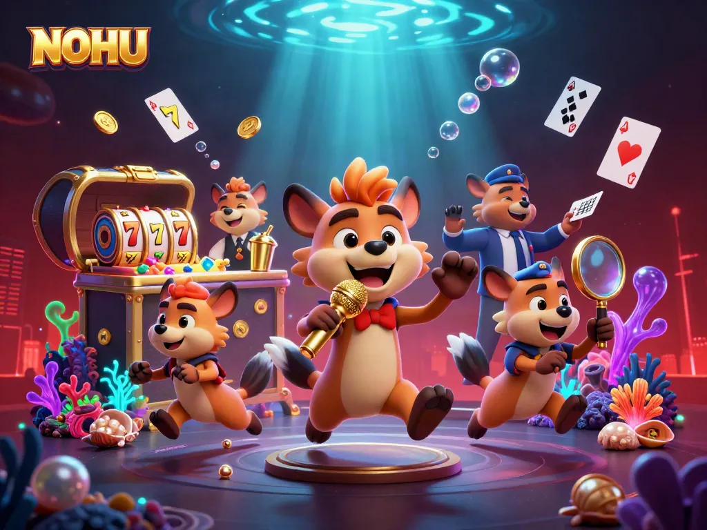 NOHU hyena casino scene featuring a comedian, bartender, and bouncer in a lively, colorful atmosphere.