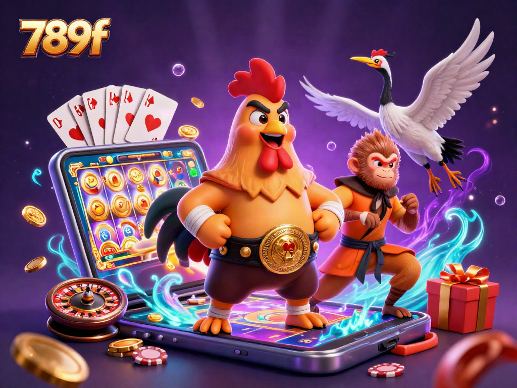 Experience the thrill of 789f with a dynamic illustration featuring animated casino characters and game elements.