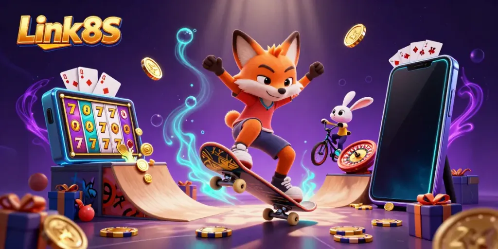 Experience excitement with Link 8S in a vibrant casino scene featuring animated characters and games.