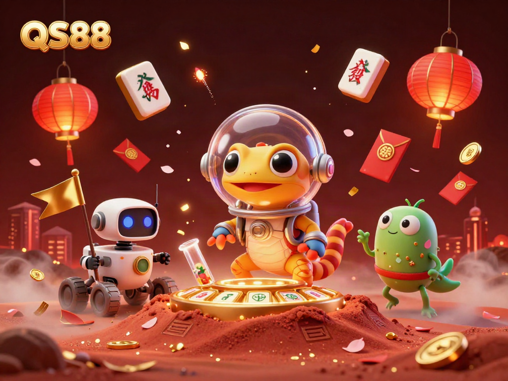 Experience the excitement at QS88's golden casino with animated characters and vibrant gaming elements.