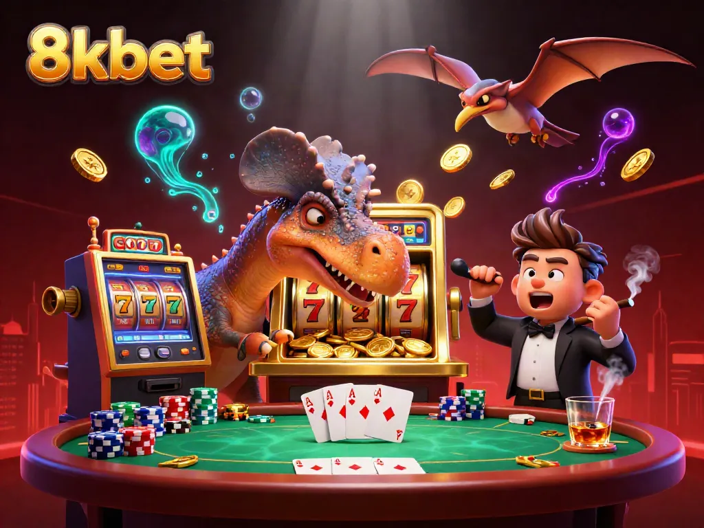Experience thrilling gameplay at 8kbet with a vibrant casino illustration featuring dinosaurs and golden coins.