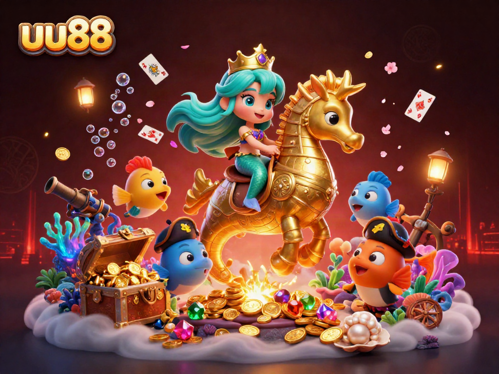Play and win at uu88 with a vibrant 3D scene featuring a mermaid and seahorse in an underwater casino